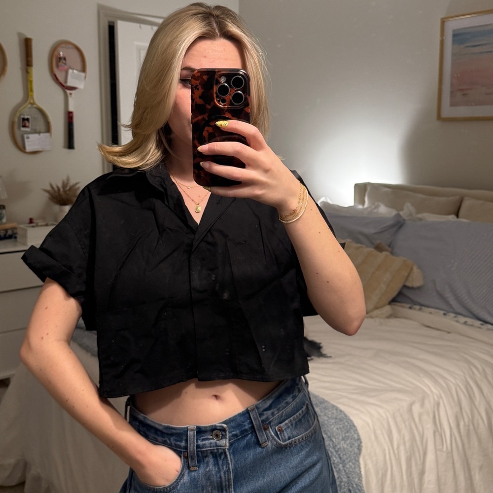 Black, cropped button down
